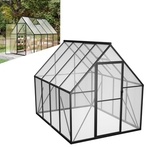 LZQ Gartengewächshaus Aluminium mit Fundament 230x180x195 cm Gewächshaus Pflanzenhaus mit Schiebetür und Dachfenster Treibhaus Gartenhaus Winterfest Aufzucht Tomatenhaus (6x8 ft)