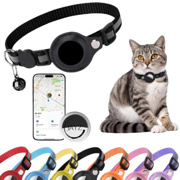 JAYZ® Katzenhalsband-Set mit Smart-Finder-Tracker, kompatibel mit iOS/Android, verstellbares Halsband (schwarz)