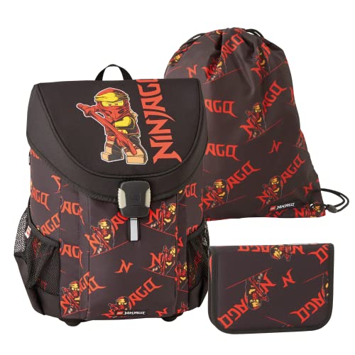 SKANDO BAGS Lego - Jungen Easy Schulranzenset 3tlg. - NINJAGO, Red 2023 - Mit Turnbeutel, Federmäppchen (inkl. Aller nötigen Schreibutensilien) - Leichtgewicht und hoher Komfort