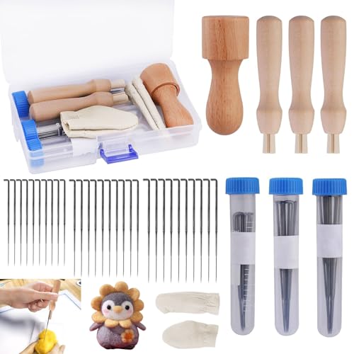 Filznadeln zum Trockenfilzen, Filznadeln Set, 60PCS 3 Größen Filznadeln mit 3PCS Filz Holzgriff Werkzeug 3 Klare Flaschen und Kasten, Filzen Nadeln, Nadelfilz-Set für Erwachsene und Anfänger