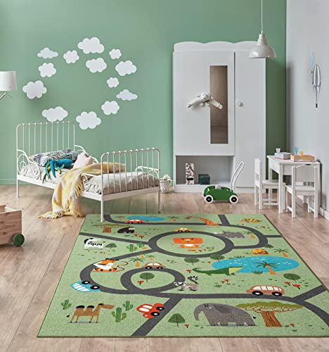 the carpet Happy Life Kinderzimmer, Kinderteppich, Spielteppich, Waschbar, Straßenteppich, Straße, Dschungel, Tiere, Auto, Grün, 140 x 200 cm