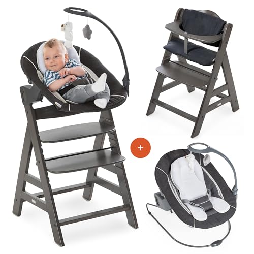 hauck Alpha Plus Newborn Set Deluxe - Baby Holz Hochstuhl ab Geburt mit Liegefunktion - inkl. Aufsatz für Neugeborene & Sitzpolster - mitwachsend, verstellbar - Charcoal Grau