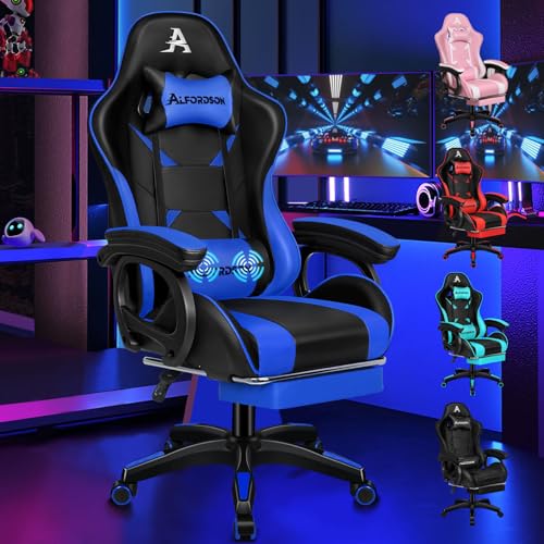 ALFORDSON Gamingstuhl, Bürostuhl, mit 2-Punkt-Massage, Fußstütze, Kopfstütze und Lendenkissen, 150° verstellbare Rückenlehne, PU-Leder, Blau
