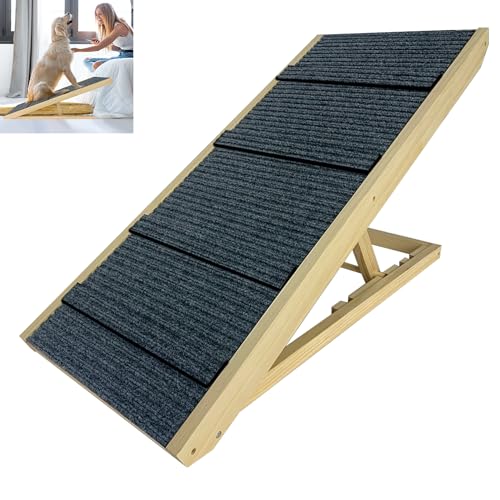 FIVMEN Hunderampe 60cm Hundetreppe Holz Faltbar Höhenverstellbar Haustiertreppe mit Rutschfester Trittmatte Hunde Treppen für Bett Sofa, 100x40x60cm