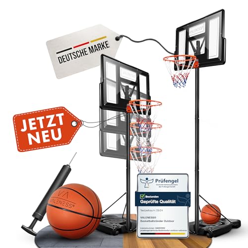 VALENESS® Basketballkorb Outdoor - [135 bis 305 cm] Höhenverstellbarer und Wetterfester Ständer - Profi Korb Mit Basketball und Pumpe für Kinder und Erwachsene