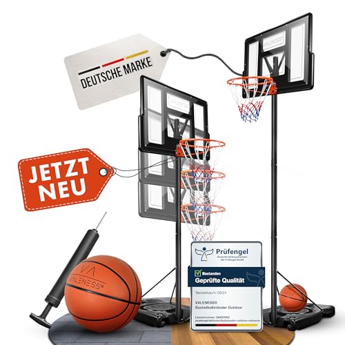 VALENESS® Basketballkorb Outdoor - [135 bis 305 cm] Höhenverstellbarer und wetterfester Basketballkorb Ständer - Profi Basketballkorb Outdoor mit Basketball und Pumpe für Kinder und Erwachsene