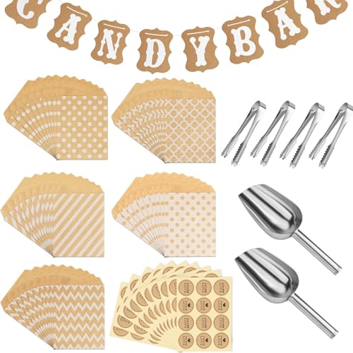 67 Stück Candy Bar Zubehör,ZCXG Candy Bar Set,Enthält 50 Stück Candy Bar Tüten und 10 Sticker, 4 Stück Zuckerzange und 2 Stück Candybar Schaufel und 1 Girlande,für Candy Bar Büfett Grill Geburtstag