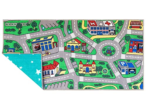 Primaflor Spielteppich mit City Star-Design - Spielteppich für Kinder 100 x 200 cm - pflegeleichter Kinderteppich mit Straßen