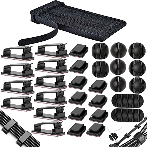 MiuCo Kabelmanagement Schreibtisch Kit mit 50Stk Kabelbinder Klettband+40Stk Kabelklemme/KabelClips+10Stk Kabelhalter Selbstklebende Kabelschellen, Kabel Management Organizer Kit für Schreibtisch