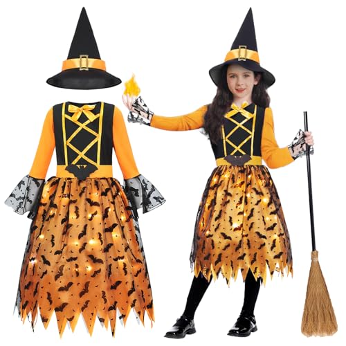 Geplaimir Hexenkostüm Kinder Hexen Kostüm Mädchen Karneval Zauberer Kostüm Mit Licht Hexenkleid mit Hexenhut Hexenbesen Leuchtende Witcher Kostüm Outfit Set für Fasching Halloween G074L