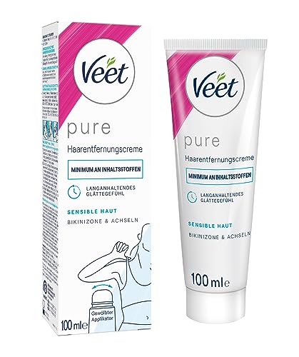 Veet Pure Haarentfernungscreme für Bikinizone & Achseln - Enthaarungscreme für sensible Haut - 100 ml Tube mit gewölbtem Applikator & Spatel