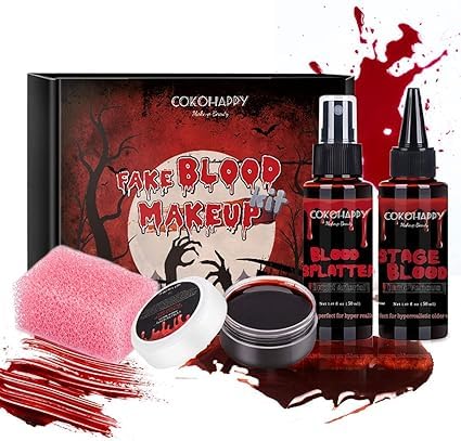 4 PCS Kunstblut Fake Blood Halloween schminke SFX Makeup Kit - Koaguliertes Kunstblut, Blutspray, Tropfendes Stadium Kunstblut, Stipple Schwamm, Realistischer Zombie Vampir Monster Kostüm