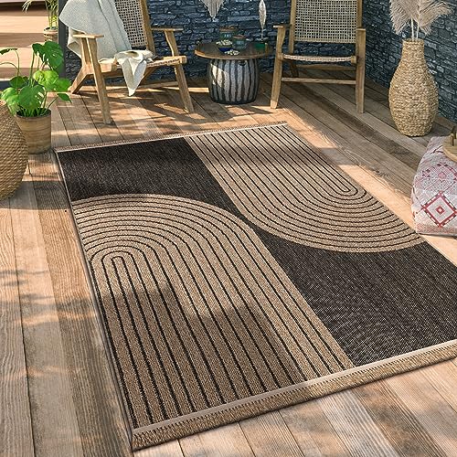 Paco Home Outdoor Teppich Wetterfest Wohnzimmer Balkon Boho Muster Fransen 3D Effekt Floral Geometrisches Design, Grösse:80x150 cm, Farbe:Anthrazit