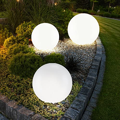 etc-shop 3er Set LED Außen Solar Kugel Leuchten Garten Beleuchtung Rasen Blumenbeet Steck Lampen 20, 25 und 30 cm