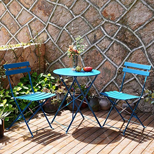 Grand patio Bistro Set 3 Stück, Gartenmöbel Set, Sitzgruppe 2 Stühle und 1 Tisch, Premium Stahl, Klappbar, Balkonset für Hof, Garten, draussen (Pfauenblau)