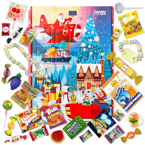 OYOY Adventskalender 2024 Kinder I X-Mas Design I bunter Kinder Adventskalender mit Süßigkeiten I 24 unterschiedliche süße Überraschungen u.a. Fruchtgummi Brausen Kaubonbons Lollipops