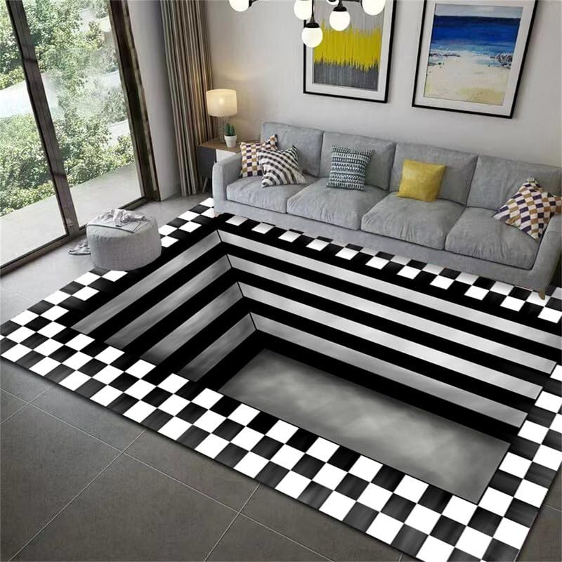 Vortex Teppich 3D Illusion Teppich Optische Täuschung Teppich 3D Matte Vortex Bodenlose Lochmatte 3D Swirl Teppich Karierter Teppich Schwarz und Weiß für Zuhause Schlafzimmer Wohnzimmer Badezimmer