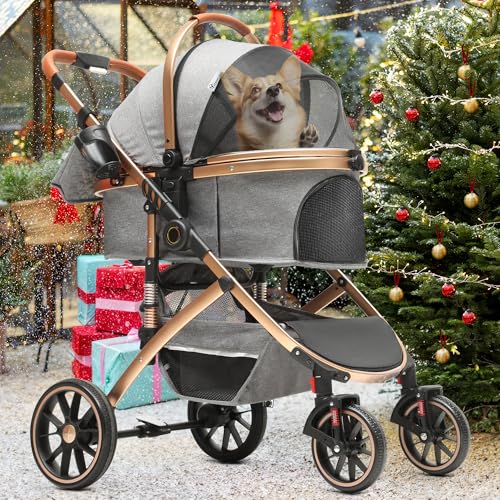 YITAHOME Hundewagen 3 in 1 Hundebuggy Bis 20kg, Klappbar, Hundewagen für Kleine Hunde, Hundebuggy Kleine Hunde, Hunde Buggy, katzenwagen, Faltbar Hund Kinderwagen, Tragbarer Kinderwagen (Grau)