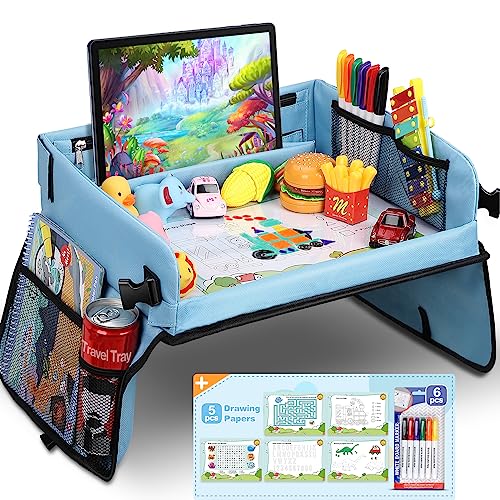 COOLJOY Kinder Knietablett Reisetisch mit 5 Bilder+6 Pinsel - Zeichnung auf Waschbar Malbrett, Multifunktional Spielzeug, Tragbar Tablett, Einstellbar Kindersitz, Blau Autositz für Kinder