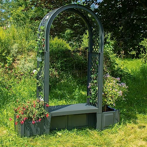 NYVI Gartenbank NYVIGreen 2-Sitzer 174x49x207 cm mit Pflanzkästen & Rosenbogen - Sitzbank aus wetterfestem & recyceltem Kunststoff - Stabil, Pflegeleicht, Steckmontage ohne Werkzeug, Farbe:Anthrazit
