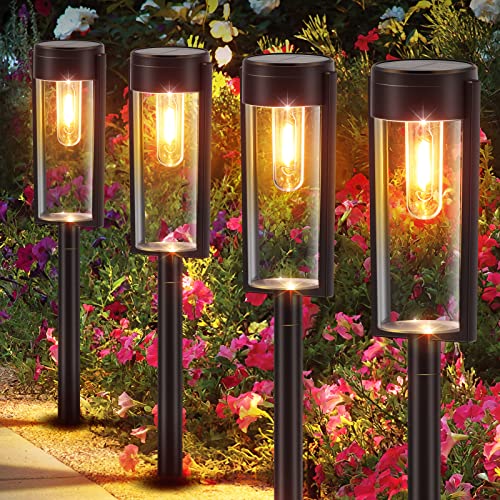 PUAIDA Solarlampen für Außen, 4 Stück Solarleuchten Garten mit Warmweiß Wolfram Licht, IP65 Wasserdicht Solar Gartenleuchten für Gartendeko Rasen Gehweg Balkon Hof