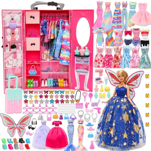 Miunana Kleiderschrank 101 Puppen Kleidung Zubehör Schrank Kleider Zubehör Schuhe Kleiderbügel Halsketten Kronen Tasche Accessoires für 11,5 Zoll Puppen