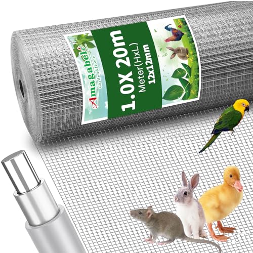 Amagabeli 1.0m X 20m Hasendraht 100cm Hasengitter Volierendraht 12x12mm Maulwurfgitter Wühlmausgitter Für Hochbeet Zaun Hühnerdraht Maschendrahtzaun Kaninchendraht Verzinkt Drahtgitter