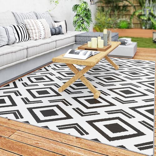 Outsunny Outdoor Teppich robuster Wetterfest Outdoorteppich mit Tragtasche, faltbar Carpet Boho-Style, Outdoor-Teppich für Wohnzimmer Balkon Garten Terrasse Bad Flur Küche, 182 x 274 cm Schwarz+Weiß