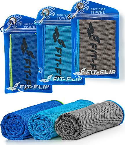 Fit-Flip Kühltuch 3er Set 100x30cm, Mikrofaser Sporthandtuch kühlend, Kühltuch, Airflip Cooling Towel, Mikrofaser Handtuch, Farbe: dunkel blau-grün/grau-blau/blau-dunkel blau, Größe: 100x30cm
