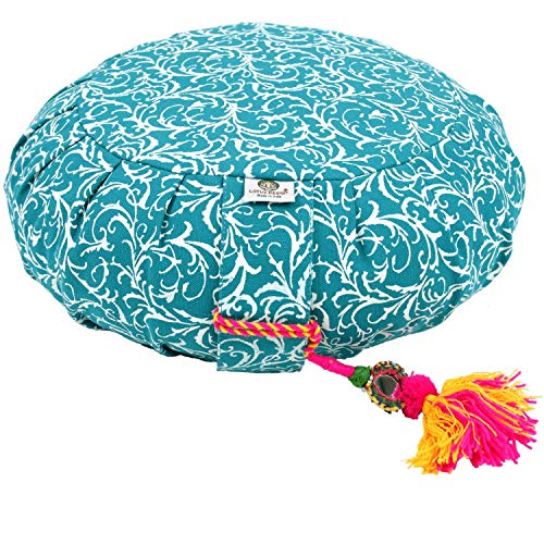 Lotus Design Yogakissen Meditationskissen rund, Sitzhöhe 15cm hoch, Yoga Kissen Zafu bunt, Bezug Baumwolle waschbar, Yoga Sitzkissen Bodenkissen mit Muster, hohes Jogakissen mit Buchweizenschalen