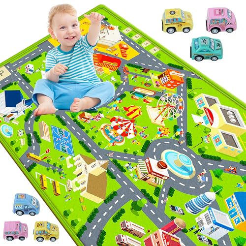 Doppelter Spielteppich Kinderzimmer 110x148cm, Autospielmatte mit 6 Autos, Große Bahnmatte Reisespielzeug, Pädagogischer Straßenteppich für Boden, Spielzimmer, Spielbereich