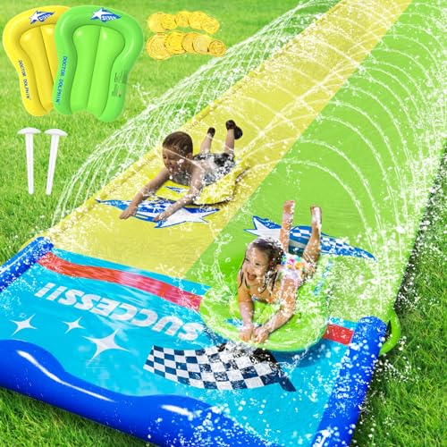 JONRRYIN Wasserrutsche, 600cm * 140cm Aufblasbare Wasserrutsche mit 2 Bodyboards, Doppelrutsche mit Eingebautem Sprinkler, Wasserspielzeug Kinder für Sommer Garten, Pool, Outdoor (2)