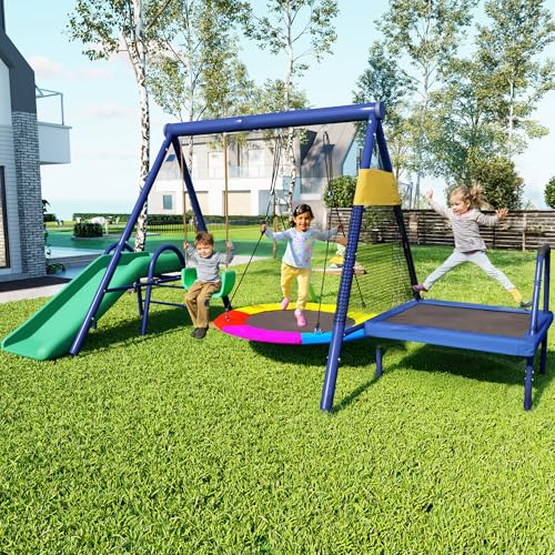 LANTRO JS Nestschaukel Outdoor, Doppelschaukel für 2 Kinder, Schaukel mit Rutsche, Garten Schaukel mit Rutsche, Trampolin, Runde Nestschaukel und Plastikschaukel