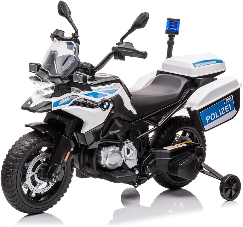Ride On Polizei Motorrad, 12V 7Ah lizenzierte BMW Kinder-Motorrad für Kleinkinder mit 2 Geschwindigkeiten, LED-Scheinwerfern, Federung, MP3, Musik und Stützrädern