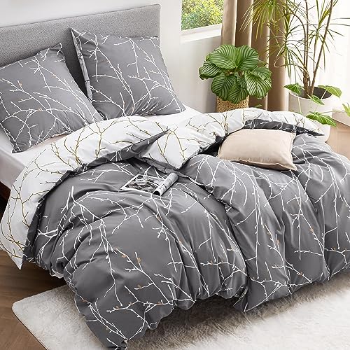 BEDSURE Bettwäsche 135x200 4teilig Bettbezug - Bettwäsche-Sets 135 x 200 cm 2er Set mit 2 Kissenbezüge 80x80cm, ÖKO-TEX Wendebettwäsche Bedding Zweige Grau Muster mit Reißverschluss