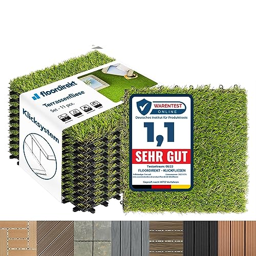 Floordirekt Rasen Klickfliesen 30x30 cm, 1m² = 11 Terrassenfliesen, Balkonfliesen - Bodenbelag für Balkon & Terrasse - wetterfest mit Drainagefunktion | Grass