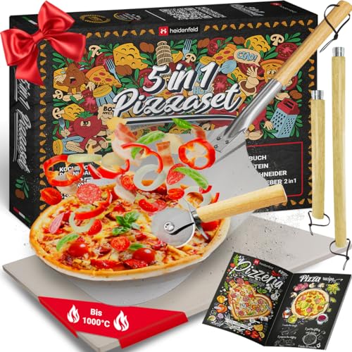 5in1 Pizza Set | Pizzastein für Backofen & Gasgrill - 2in1 Pizzaschieber - Pizzaschneider - Rezeptbuch - Pizza Zubehör - Pizzaschaufel - Pizzamaker - Pizza Stein aus Cordierit - Geschenkset (5in1)