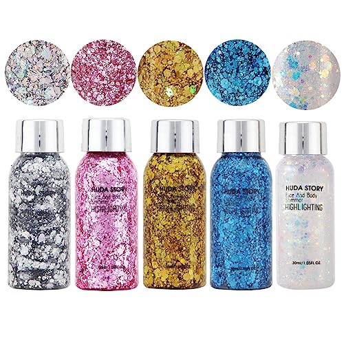 5 Packungen Glitzer Gesicht Körperglitzer Körper Glitter Gel Set Gesicht Glitter Haar Lippe Glitter Langanhaltende funkelnde Pailletten Glitter für Weihnachten Festival Masquerade Birthday Makeup