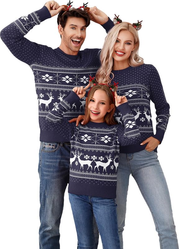 Clearlove Weihnachtspullover Familie Set Ugly Weihnachts Pullover Rentier Winter Chirstmas Sweater Langarm Rundhals Strickpullover Für Pärchen Kinder (Damen-Navy Blau, L)