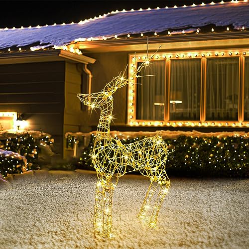 Joomer 240er LED Rentier Beleuchtet Aussen, 85cm Rentier Figuren Weihnachtsdeko Strombetrieben Timer, 8 Modi Warmweiß Metall Weihnachtsbeleuchtung für Außen und Innen Rasen Wohnzimmer Party Dekoration