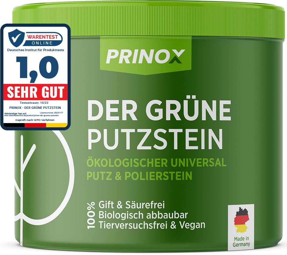 PRINOX® Der Grüne Putzstein 950g inkl. Handschwamm Nachhaltiger Universal Allzweckreiniger Jahresvorrat je Dose Öko Reiniger für Küche, Bad, Fenster, Sneaker, Ceranfeld, WC Made in DE