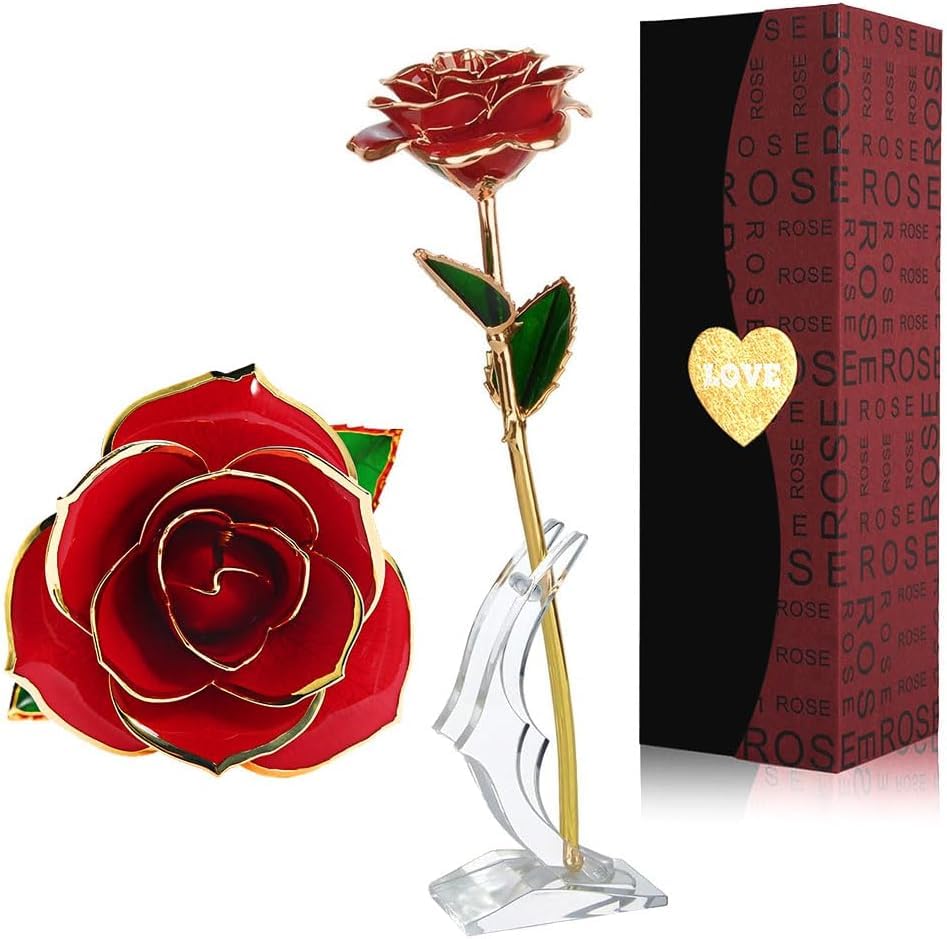 Rose in Rotgold, 24 Karat, vergoldet mit transparentem Ständer und Geschenkbox, elegante romantische Blume für Valentinstag, Muttertag, Hochzeitstag, Geburtstag Weihnachten