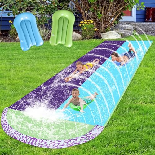 Rppiup Slip and Slide Wasserrutsche Garten, 6,1*1,4M Doppel Wasserrutschmatte, Wasserspielzeug Kinder Outdoor mit 2 Surfboard, Doppelrutsche mit Eingebautem Sprinkler Wasserbahn Duell für Garten Rasen