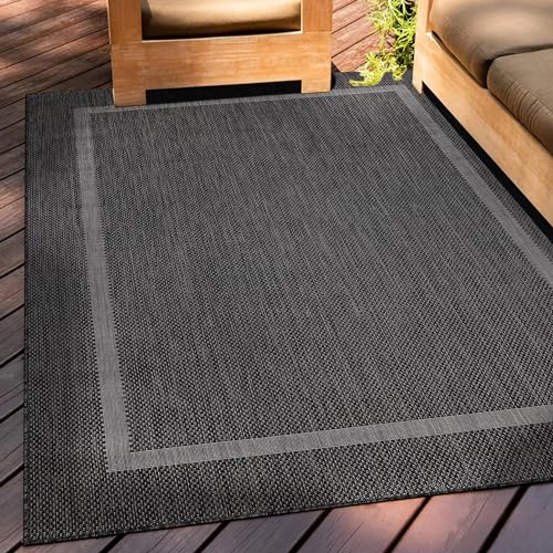 Teppium Outdoor Teppich Wetterfest 300x400 (280x370 cm) Schwarz Sisal Optik - Küchenteppich Waschbar rutschfest, Wasserfest, Bordüre, Pflegeleicht - Ideal für Balkon, Terassen, Garten, Camping, Küche