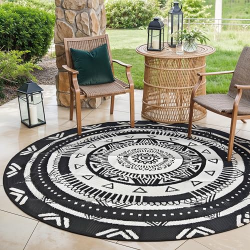 EVOCAMP Outdoor Teppich rund Ø 240 cm, Kunststoffteppich, wetterfest und leicht, Picknickdecke für den Outdoor-Bereich, Vorzeltteppich aus Kunststoff-Fasern, für Terrasse und Balkon (Schwarz-weiß)