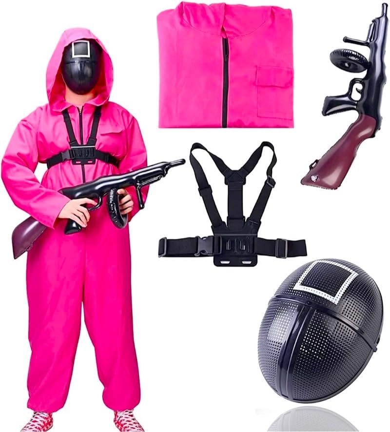 TK Gruppe Timo Klingler The Game Squid 4 in 1 Unisex - Set Kostüm mit Anzug & Gewehr & Maske - Erwachsene für Fasching & Karneval & Halloween (170-190cm) 2XL (Set)