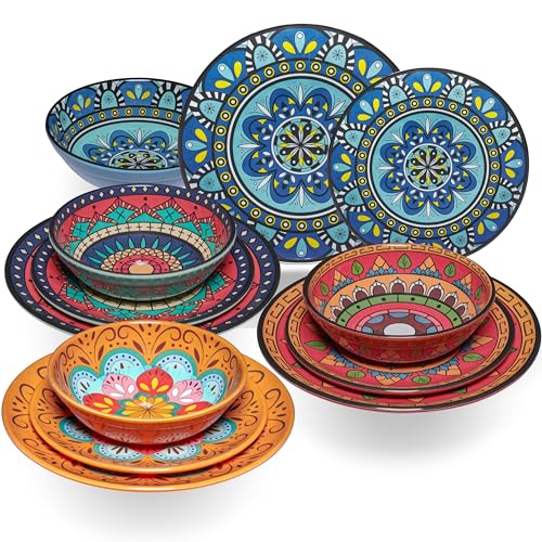 Melamin Geschirr Set Toskana Pastel für 4 Personen - 12 Teile - BUNT - Mandala-Optik Spülmaschinengeeignet Essgeschirr Campingzubehör Campinggeschirr Wohnwagen Camping Festival Picknick Gartenparty