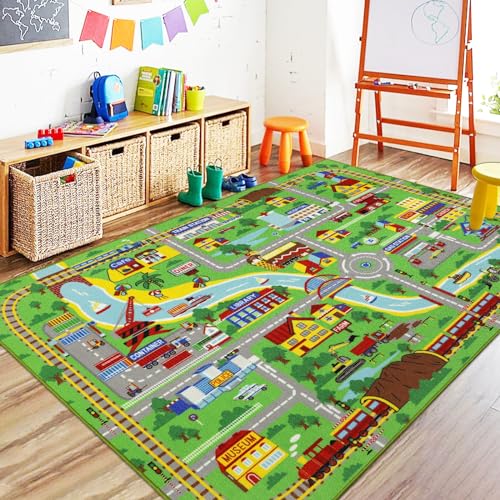 Capslpad Kinder Spielmatte 150x200cm rutschfest Stadtplan Spielplatz Teppich Waschbar Auto Spielmatten Kurzflor Stadtleben Lernen Bildungsbereich Teppich für Kinderzimmer Spielzimmer Dekor, Grün