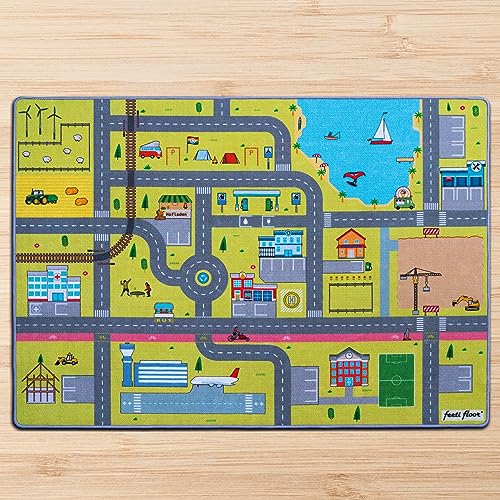 Feeti Floor® moderner Spielteppich Straße 1,4 x 2,0 m | Ökotex 100, geruchsneutral, Antirutsch | hochwertiger Teppich Kinderzimmer/Kinderteppich/Autoteppich