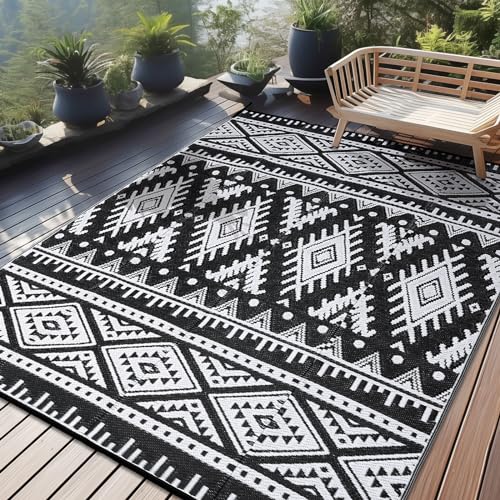 Homaxy Outdoor Teppich Wetterfest, Kunststoff Stroh Faltbar Waschbar UV-beständig Wendbar Balkon Garten Teppich für Terrasse Camping Picknick (240 x 300 cm, Schwarz & Weiß)
